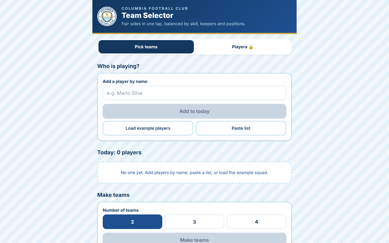 Columbia FC Team Selector — screenshot