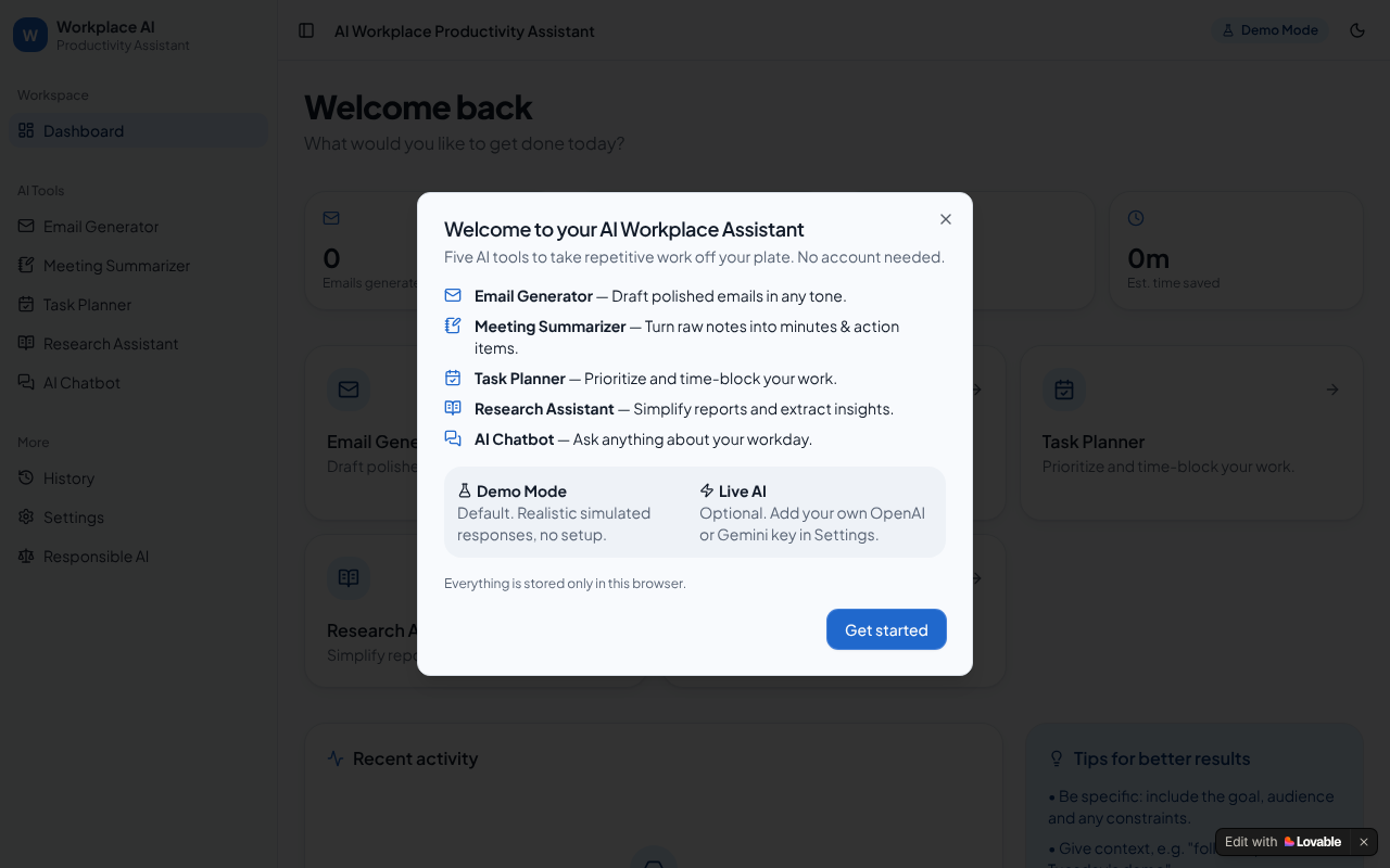 AI Workplace Productivity Assistant — screenshot
